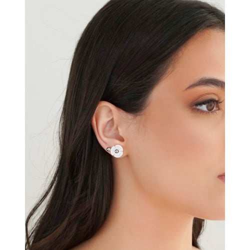 Brinco Duplo Flor Bolinha Lisa Ródio Branco