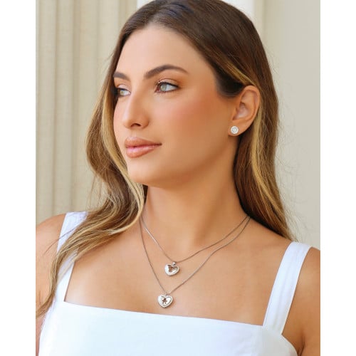 Gargantilha Coração Filho Menino Cravejado Cristal Ródio Branco - 45 cm