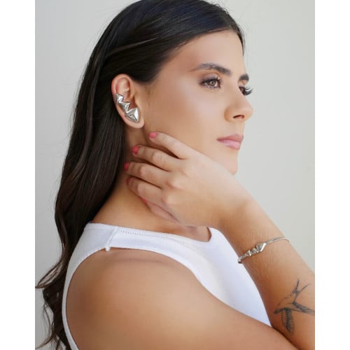 Pulseira Malha Fita Triângulos Lisos Ródio Branco