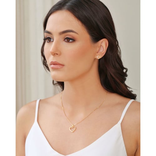 Brinco Coração Vazado Cravejado Cristal 9 mm Banhado a Ouro 18K