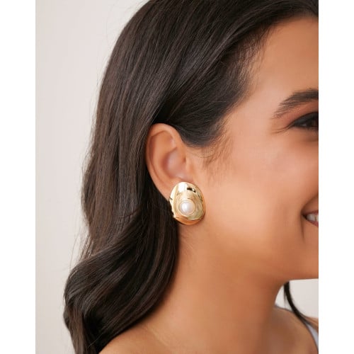 Brinco Oval Pérola 3.3 cm Banhado a Ouro 18K