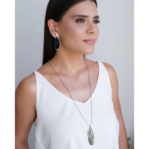 Gargantilha Longa Rabo de Rato Pingente Folha Ródio Branco - 65 cm