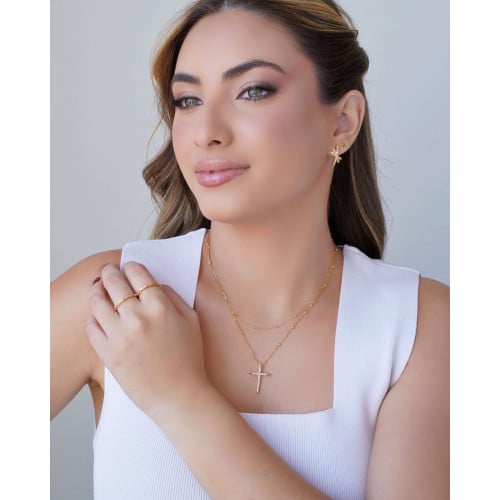 Gargantilha Veneziana Bolinhas Cruz Cravejada Cristal Banhado a Ouro 18K - 45 cm
