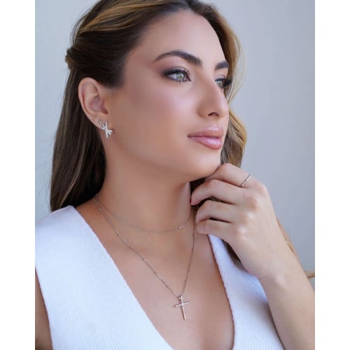 Gargantilha Veneziana Bolinhas Cruz Cravejada Cristal Ródio Branco - 45 cm