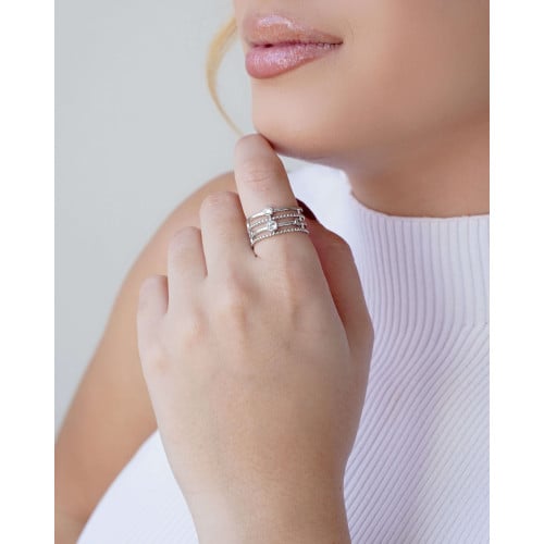 Anel Filetes Bolinhas Pontos de Luz Cristal Tamanho 16 Ródio Branco