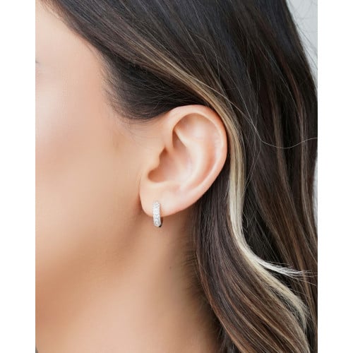 Brinco Argola Click Cravejada Cristal 1.3 cm Ródio Branco