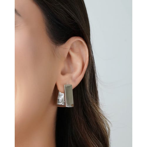 Brinco Argola Click Triangular Reta Lisa 2.4 cm Ródio Branco