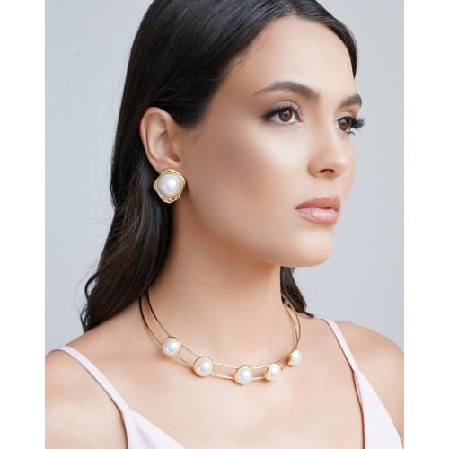 Conjunto Pérolas Aro Duplo Banho Dourado