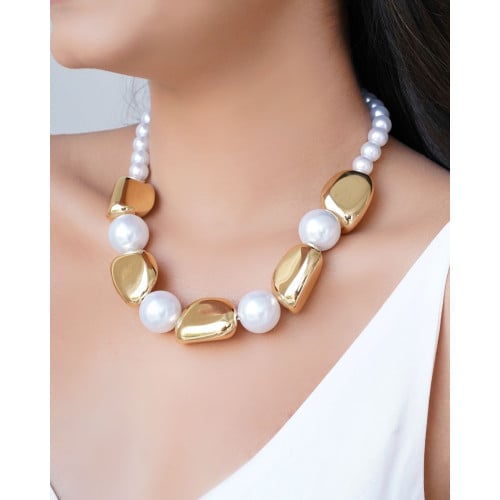 Gargantilha Orgânicos e Pérolas Banhado a Ouro 18K - 40 cm