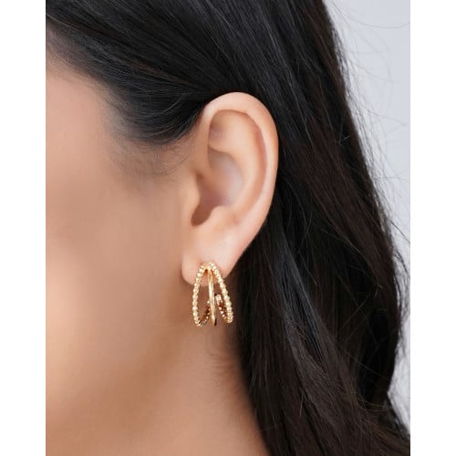 Brinco Meia Argola Três Filetes com Bolinhas Banhado a Ouro 18K
