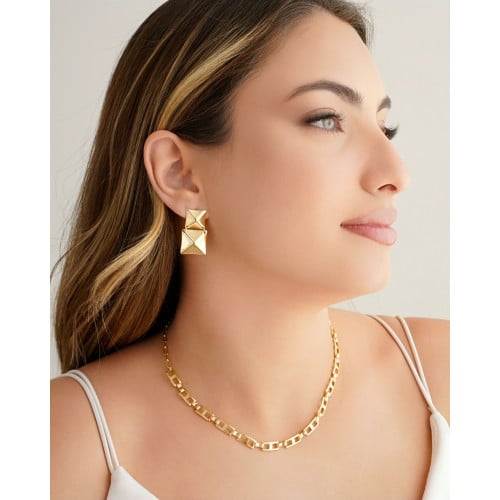 Brinco Quadrado Duplo Liso Banhado a Ouro 18K