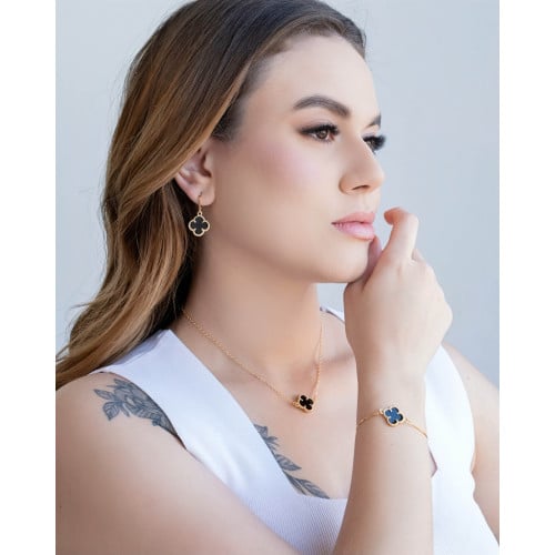 Brinco Argola Click Trevo Preto 3.2 cm Banhado a Ouro 18K