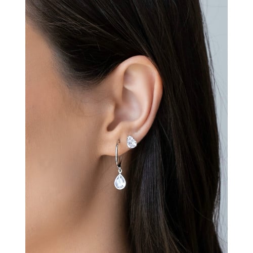 Brinco Argola Fio Gota Cristal 2.6 cm Ródio Branco