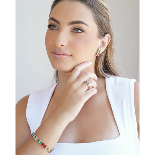 Anel Baguetes Coloridas Tamanho 18 Banhado a Ouro 18K