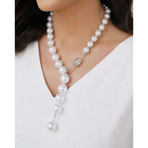 Gargantilha Gravata Ajustável Pérolas Ponto de Luz Oval Cristal Banho Branco