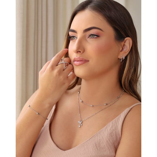 Anel em X Cravejado Cristal Tamanho 21 Ródio Branco
