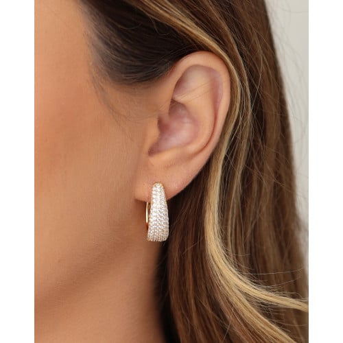 Brinco Argola Click Oval Cravejada Cristal 2.4 cm Banhado a Ouro 18K