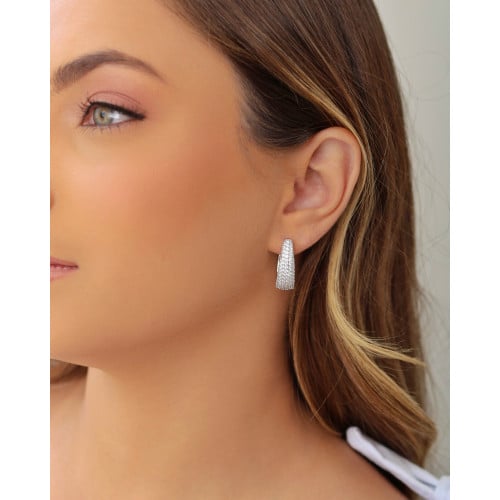 Brinco Argola Click Oval Cravejada Cristal 2.4 cm Ródio Branco