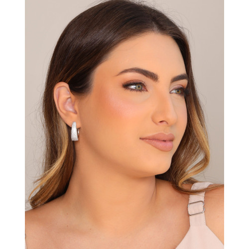 Brinco Argola Click Oval Cravejada Cristal 2.4 cm Ródio Branco
