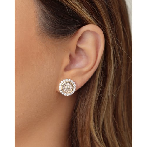 Brinco Redondo Baguetes Cravejado Cristal 1.4 cm Banhado a Ouro 18K