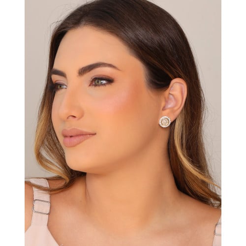 Brinco Redondo Baguetes Cravejado Cristal 1.4 cm Banhado a Ouro 18K