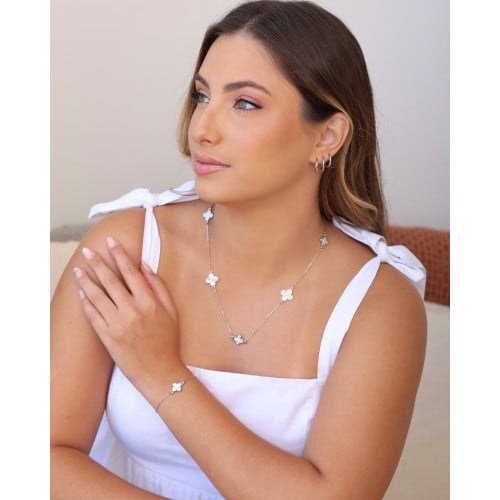 Pulseira Elos Trevo Madrepérola Fecho Gravata Ródio Branco