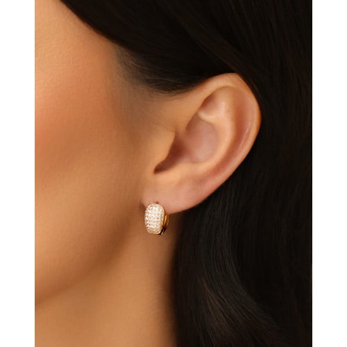 Brinco Argola Click Oval Cravejado Cristal 1.2 cm Banhado a Ouro 18K