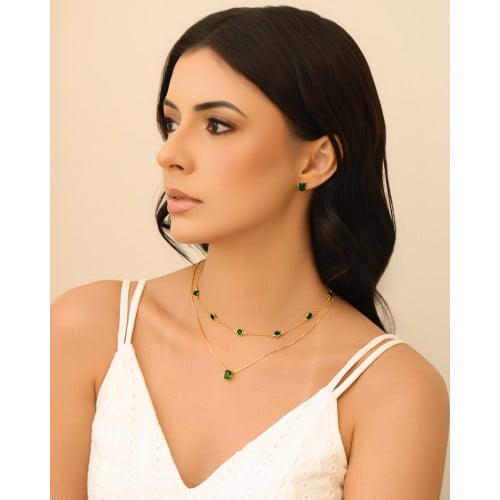 Conjunto Retangular Esmeralda Banhado a Ouro 18K