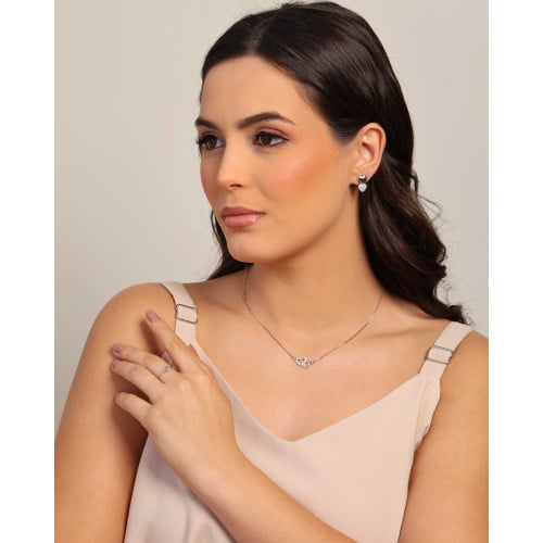 Brinco Coração Duplo Liso Cravejado Cristal 1.5 cm Ródio Branco