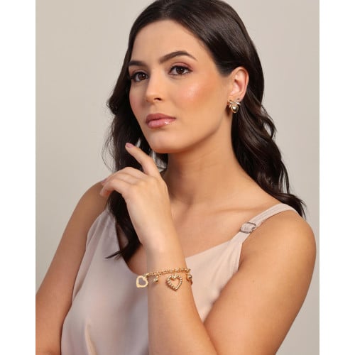 Pulseira Elos Corações e Bolas Lisas Banhado a Ouro 18K