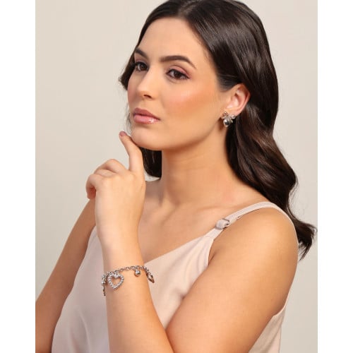 Pulseira Elos Corações e Bolas Lisas Ródio Branco