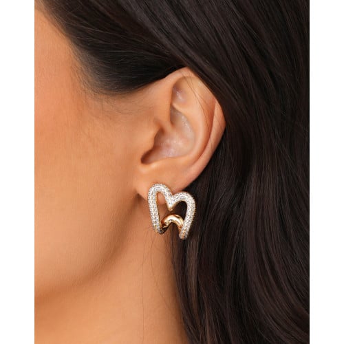 Brinco Argola Coração Vazado Cravejado Cristal 2.2 cm Banhado a Ouro 18K