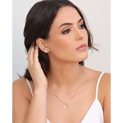 Conjunto Coração Bolinhas Cravejado Cristal Banhado a Ouro 18K
