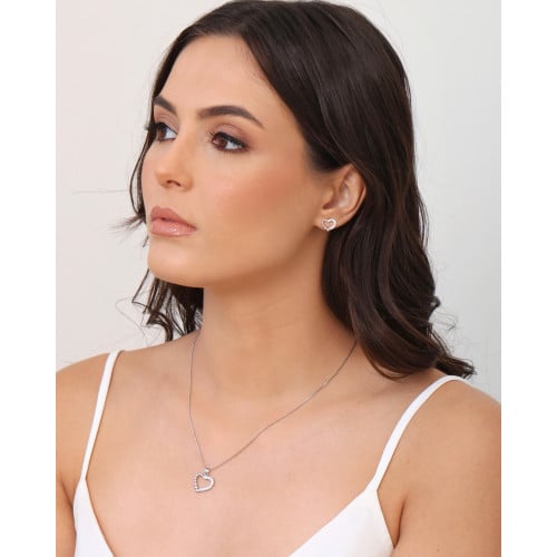 Conjunto Coração Bolinhas Cravejado Cristal Ródio Branco