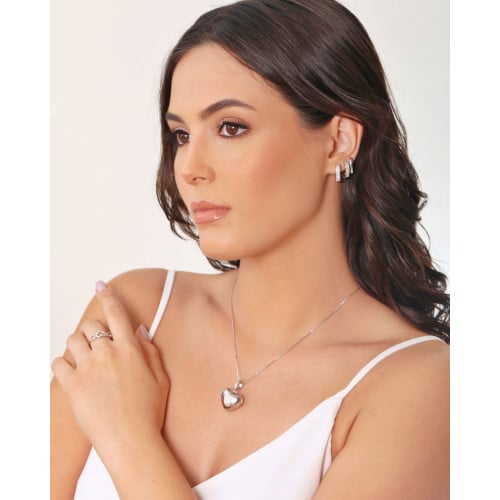 Trio de Argolas Coração Cravejado Cristal e Liso Ródio Branco