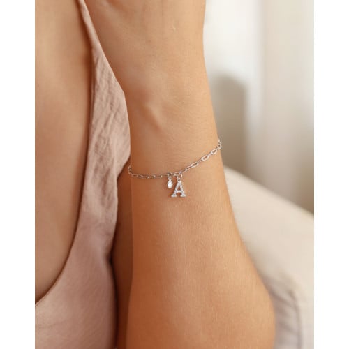 Pulseira Elos Letra R Cravejado Cristal Ródio Branco