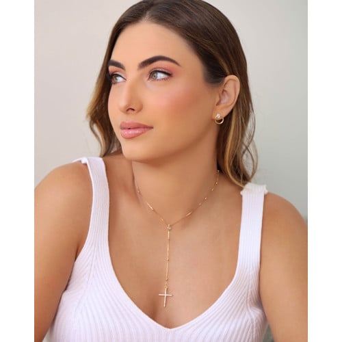 Gargantilha Gravata Bolinhas Cruz Cravejado Cristal Banhado a Ouro 18K - 45 cm