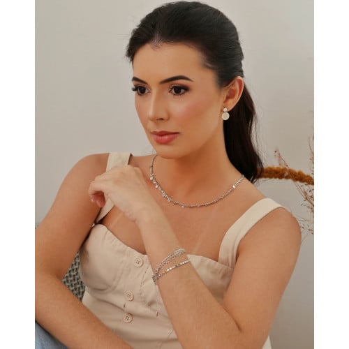 Pulseira Dupla Plaquinhas Elos Ródio Branco