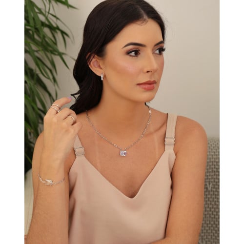 Gargantilha Elos Retângulo Cristal Ródio Branco - 45 cm