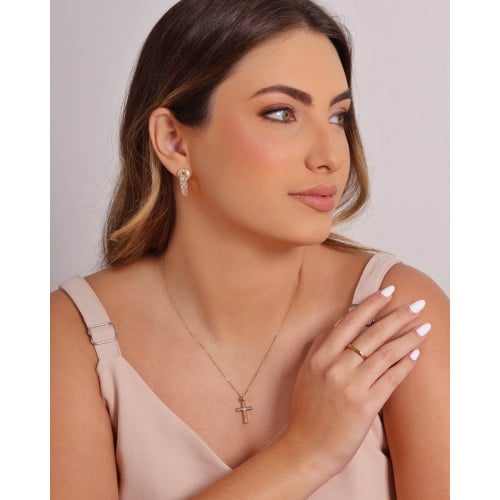 Gargantilha Veneziana Cruz Cravejada Cristal Banhado a Ouro 18K - 45 cm