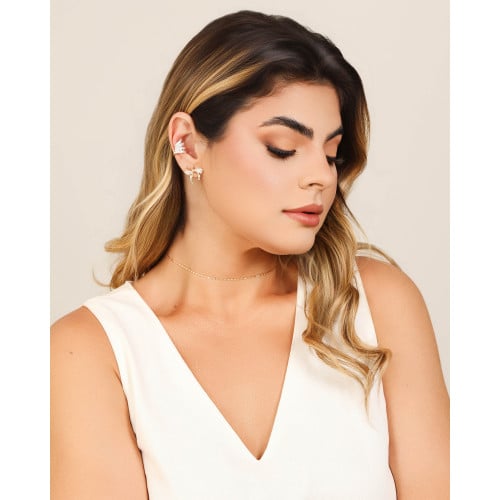 Brinco Laço Orgânico Cravejado Cristal 1.8 cm Banhado a Ouro 18K