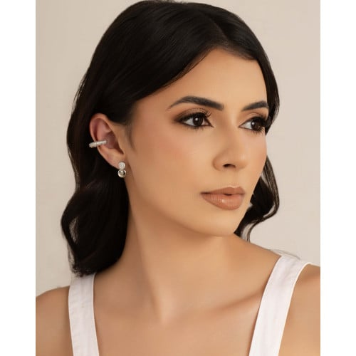 Brinco Redondo Duplo Liso Cravejado Cristal 1.5 cm Ródio Branco