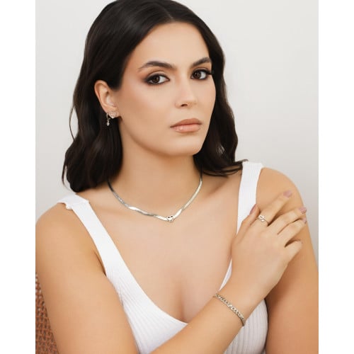 Brinco Argola Click Coração Cristal 2.0 cm Ródio Branco