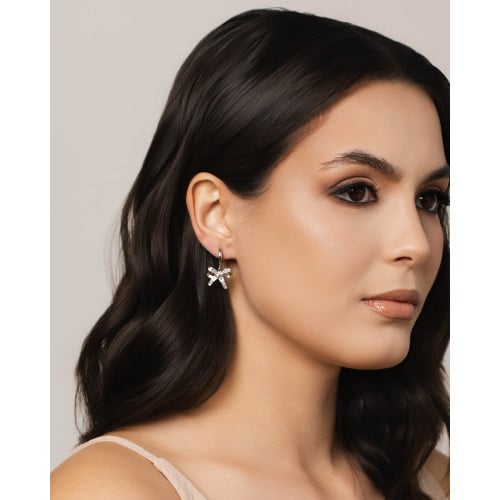 Brinco Argola Click Laço Baguetes Cristal 2.6 cm Ródio Branco