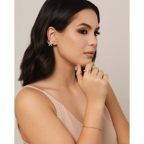 Ear Cuff Flores Cravejado Cristal 2.9 cm Banhado a Ouro 18K