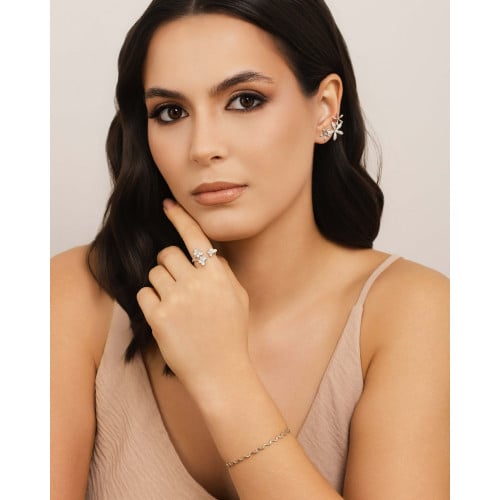 Ear Cuff Flores Cravejado Cristal 2.9 cm Ródio Branco