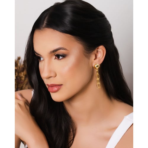 Brinco Meia Bola Franja Elos 6.3 cm Banhado a Ouro 18K