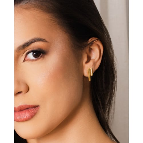 Brinco Palito Duplo Cravejado Cristal 1.9 cm Banhado a Ouro 18K