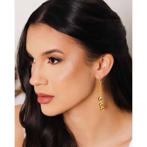 Brinco Argola Click Franjas Bolas Lisas 7.6 cm Banhado a Ouro 18K