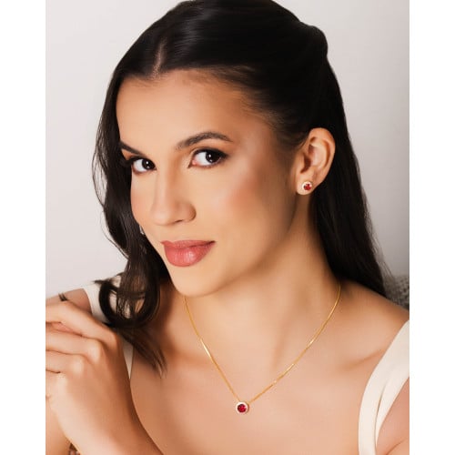 Conjunto Ponto de Luz Rubi Cravejado Cristal Banhado a Ouro 18K